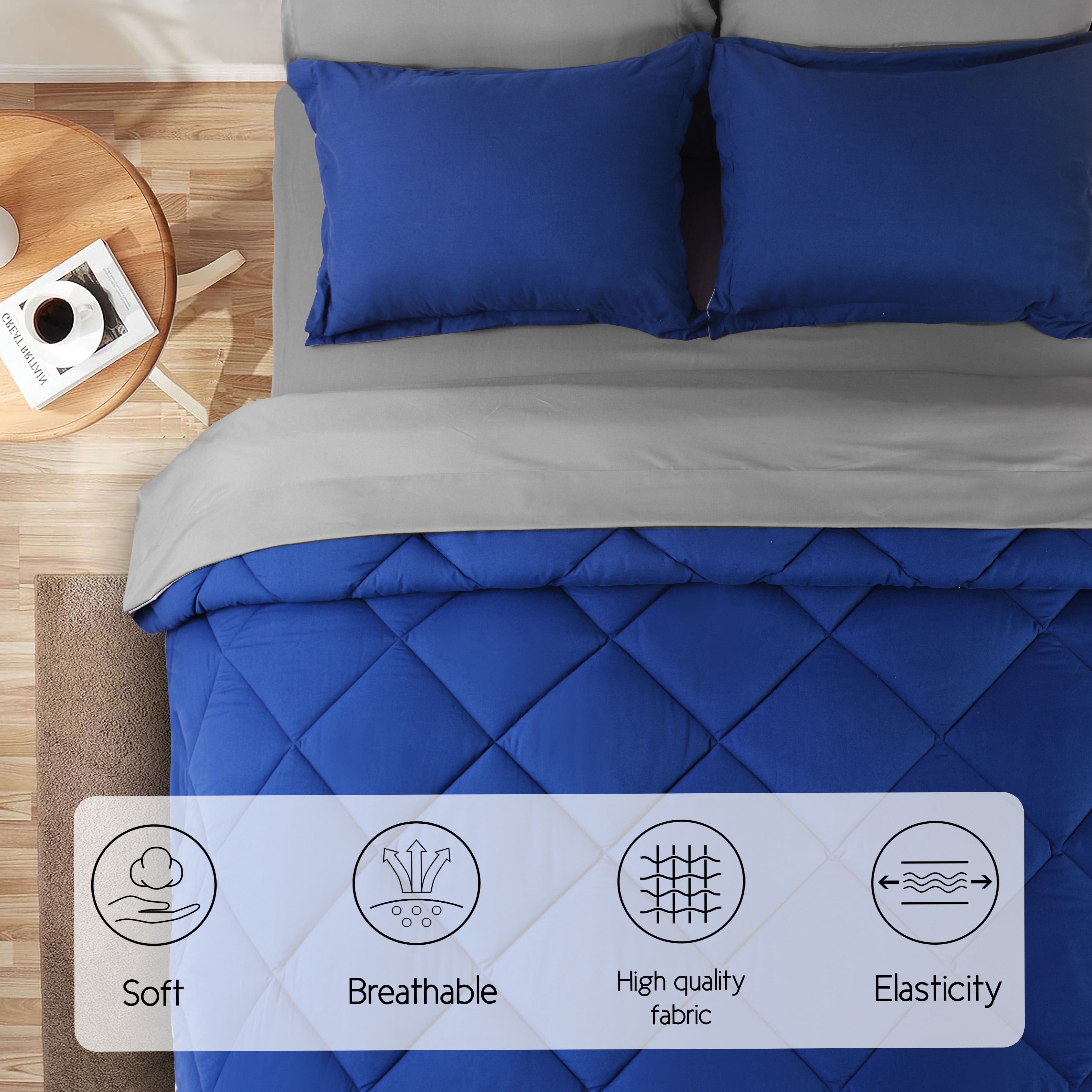 HIG 7 Piece Reversible Full Comforter Set - Navy Quilted Down Alternative Bedding All Season Super Soft Microfiber Bed in a Bag Includes Sheets Pillowcases Shams