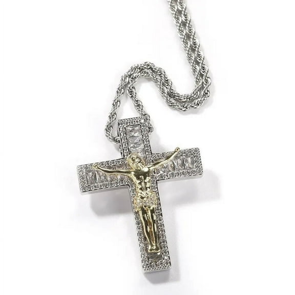 18K Gold Over Finish Simulated Diamond Iced Out Holy Jesus Christ Cross Crucifix Custom Charm Pendant Necklace, Christmas Gift, Free chain