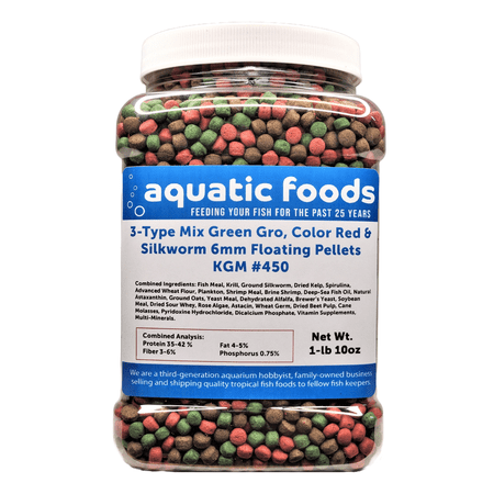 3-Type 6mm Floating Blend Mix of Green Growth & Red Color Enhancing & Silkworm Pellets (To increase Color Glossiness) for ALL Tropicals, Cichlids, Koi & Pond Fish. KGM-450…1-lb 10oz Med Jar
