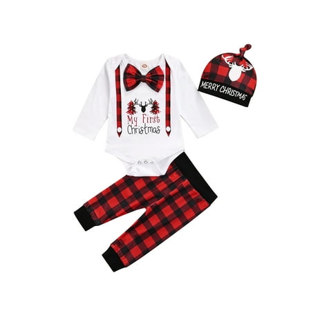 

ZIYIXIN Newborn Baby Boys My 1st Christmas Outfits Long Sleeve Bowknot Romper Jumpsuit Plaid Pants Hat Gentleman Suit White 6-12 Months