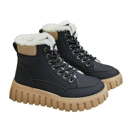 Mepaouo Winter Platform Sneakers for Women High Top Lace up Fleece Warm Tennis Running Shoes(Black 7.5)