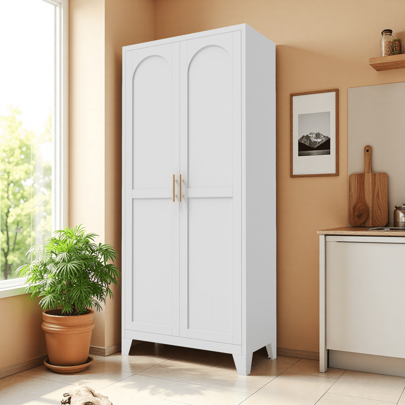 71" Metal Storage Cabinet with 2 Doors and Adjustable Shelves, Extra Large Pantry Cabinet with Anti Tip, Food Pantry Cabinet, for Bedroom, Kitchen, Office, White