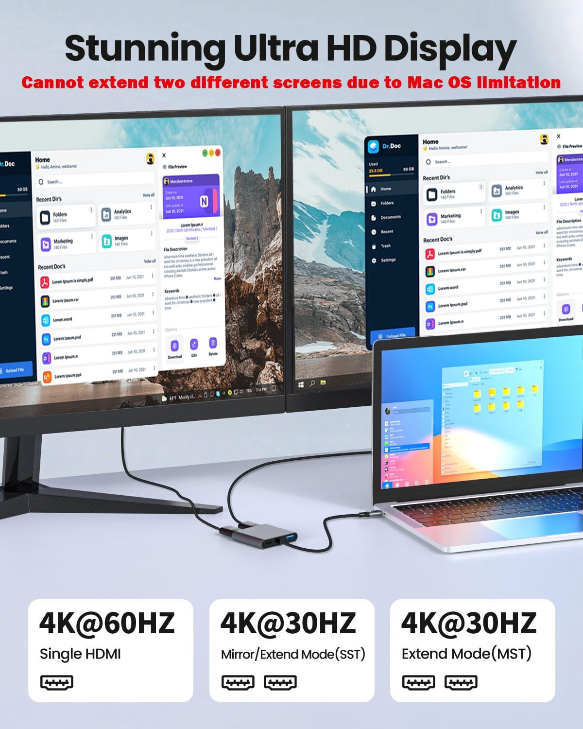 Docking Station Dual Monitor for Laptop, USB C to Dual HDMI Adapter 4k@30hz,Hub 4 in 1 Type C to 2 HDMI, USB 3.0 Port, USB C PD Charge,Dual Screen Display Docking Station for Windows,MacOS MacBook
