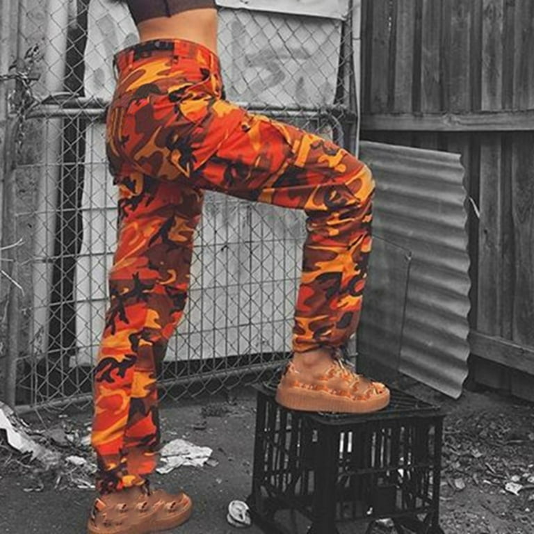JWZUY Women's Camo Pants Cargo Trousers Cool Camouflage Pants Button Zippe  Up Elastic Waist Casual Multi Outdoor Jogger Pants with Pocket Orange XL