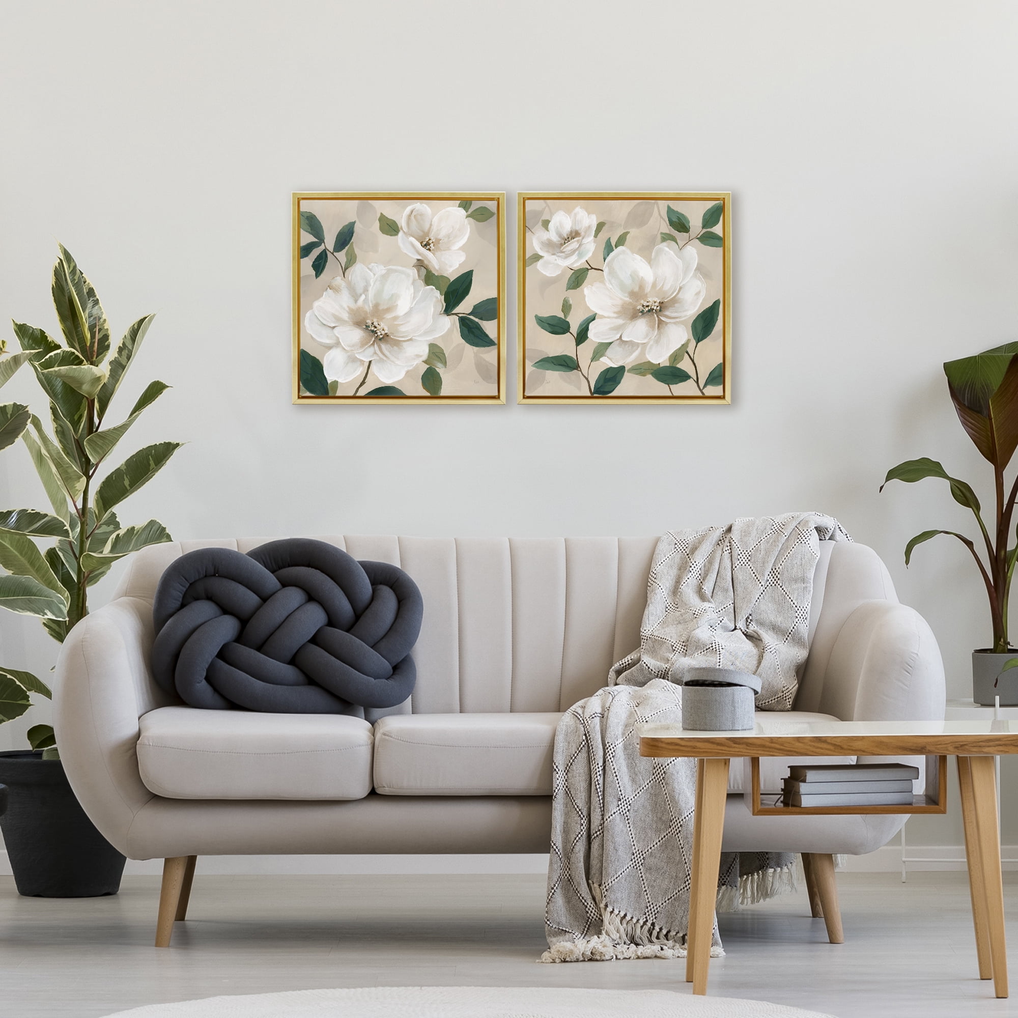 Stupell Industries Serene White Blossoms & Foliage 2 Piece Gold Framed Floater Canvas Set, design by Nan
