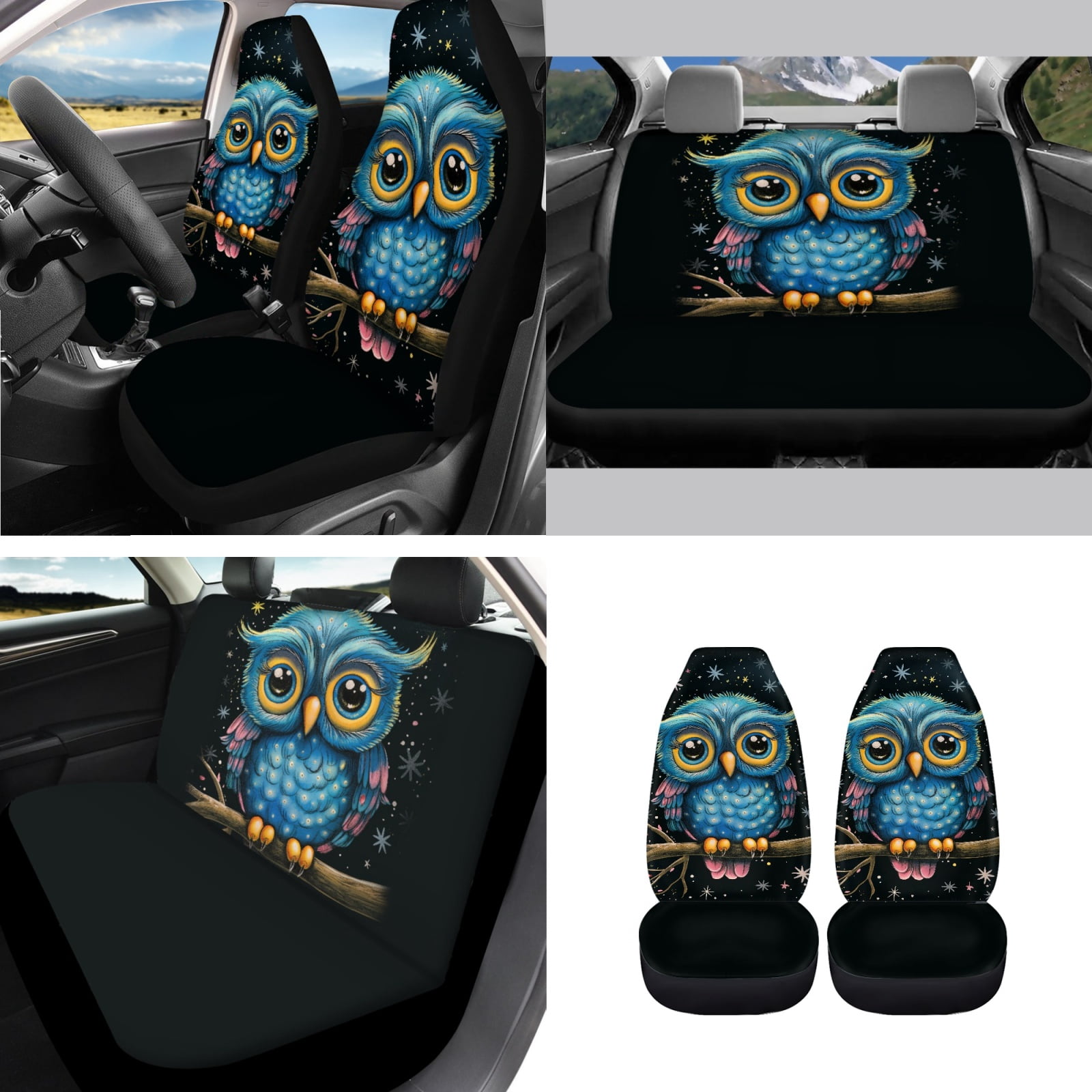 Yuyamidu Owl Car Seat Cover Full Set of 14 Cute Steering Wheel Cover Seatbelt Pads Armrest Cushion Trash Can Rearview Mirror Cover Handbrake Cover Set Coasters Auto Interior Accessories