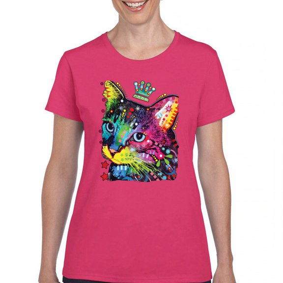 Tee Hunt Cute Thinking Crowned Cat T-Shirt Dean Russo Colorful Kitte Women's T-Shirt Tee, Pink, Large