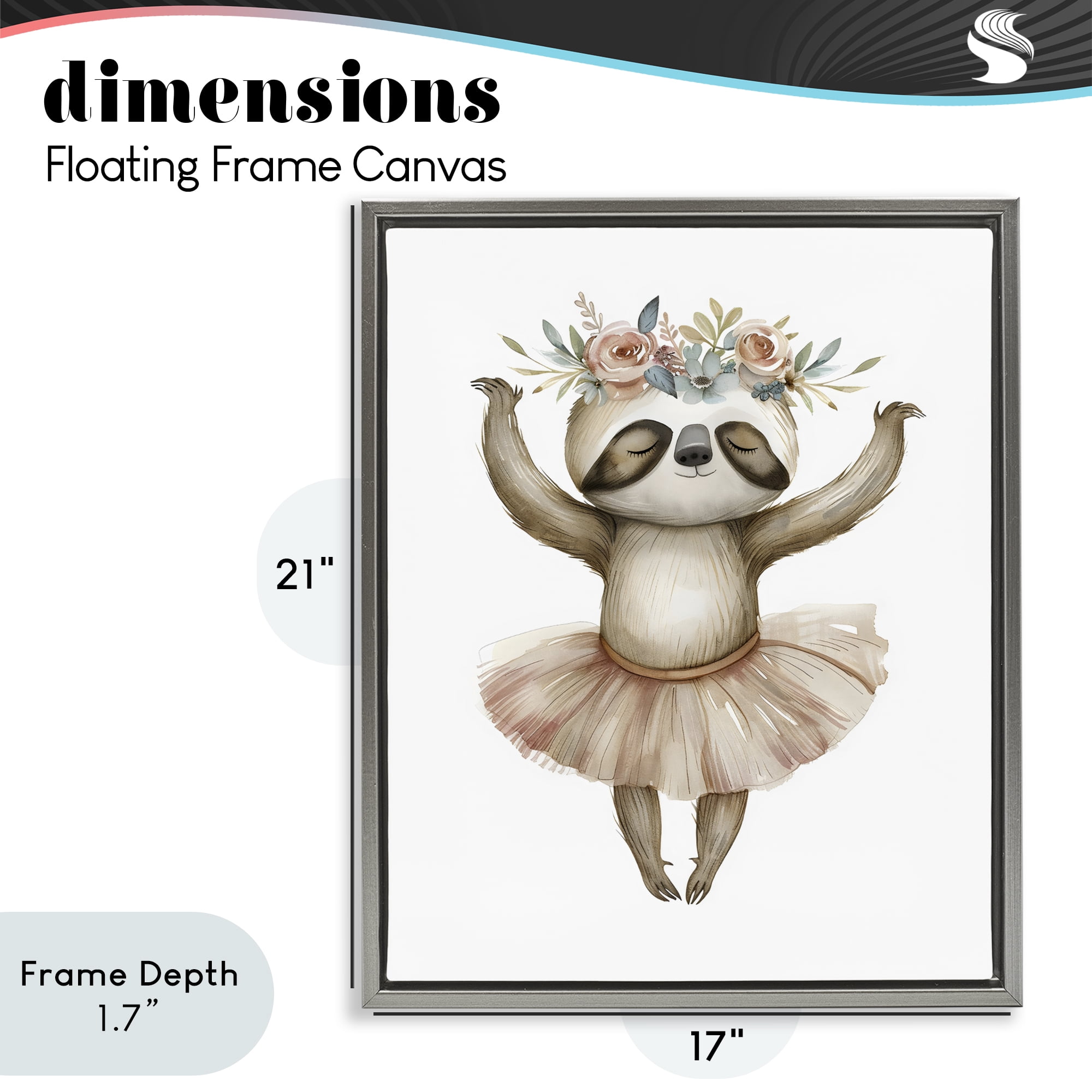 Stupell Industries Dreamy Sloth Ballet with Flowers Gray Framed Floater Canvas Wall Art, design by LSR Design Studio