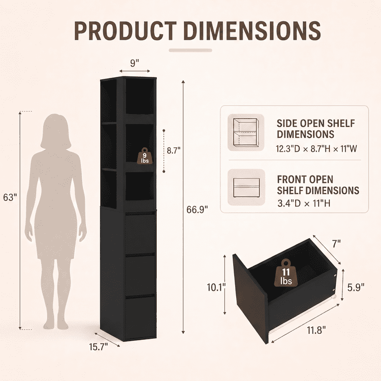 Lacoo 67''H Bathroom Storage Cabinet with 3 Drawers and Adjustable Shelves, Narrow Freestanding Linen Tower, Reversible Slim Organizer for Bathroom, Laundry Room and Kitchen, Black