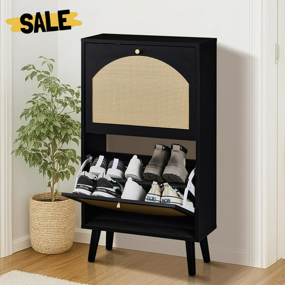 IVV Modern Narrow Shoe Cabinet with 2 Flip Drawers, Slim Entryway Shoe Storage Organizer with Rattan-Style Fronts & Raised Legs, 21.3"W x 9.45"D x 38.6"H, Black
