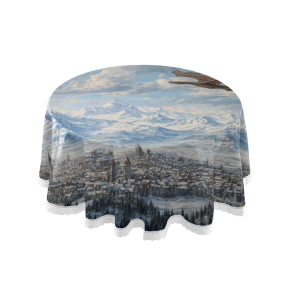 Round Single Sided Printed Tablecloth, 60 Inch Polyester Round Table Cover with White Lace Trim, Wrinkle Resistant Decorative Table Cloth for Home Dragon Flying Medieval Town