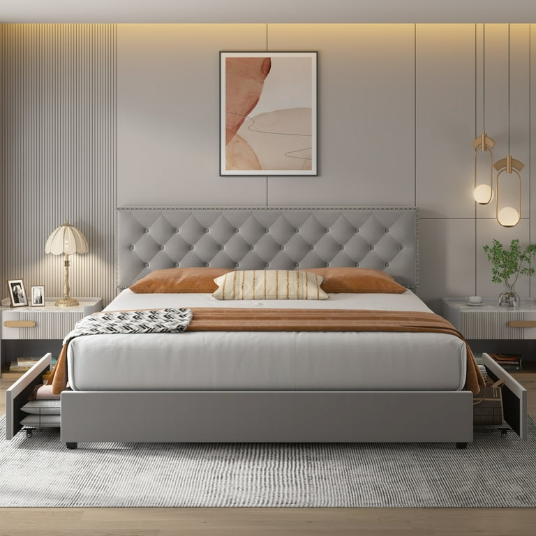 Wadhamさま専用 WhizMax Queen Size Bed Frame with 4 Storage Drawers, Linen