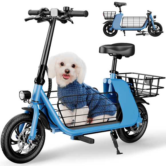 WINDHORSE Dual Baskets Electric Scooter with Seat for Adults, 15.5mph 20miles Range, 12.5" Foldable E-Scooter for Pets Cargo Shopping, 265lbs Load, Blue