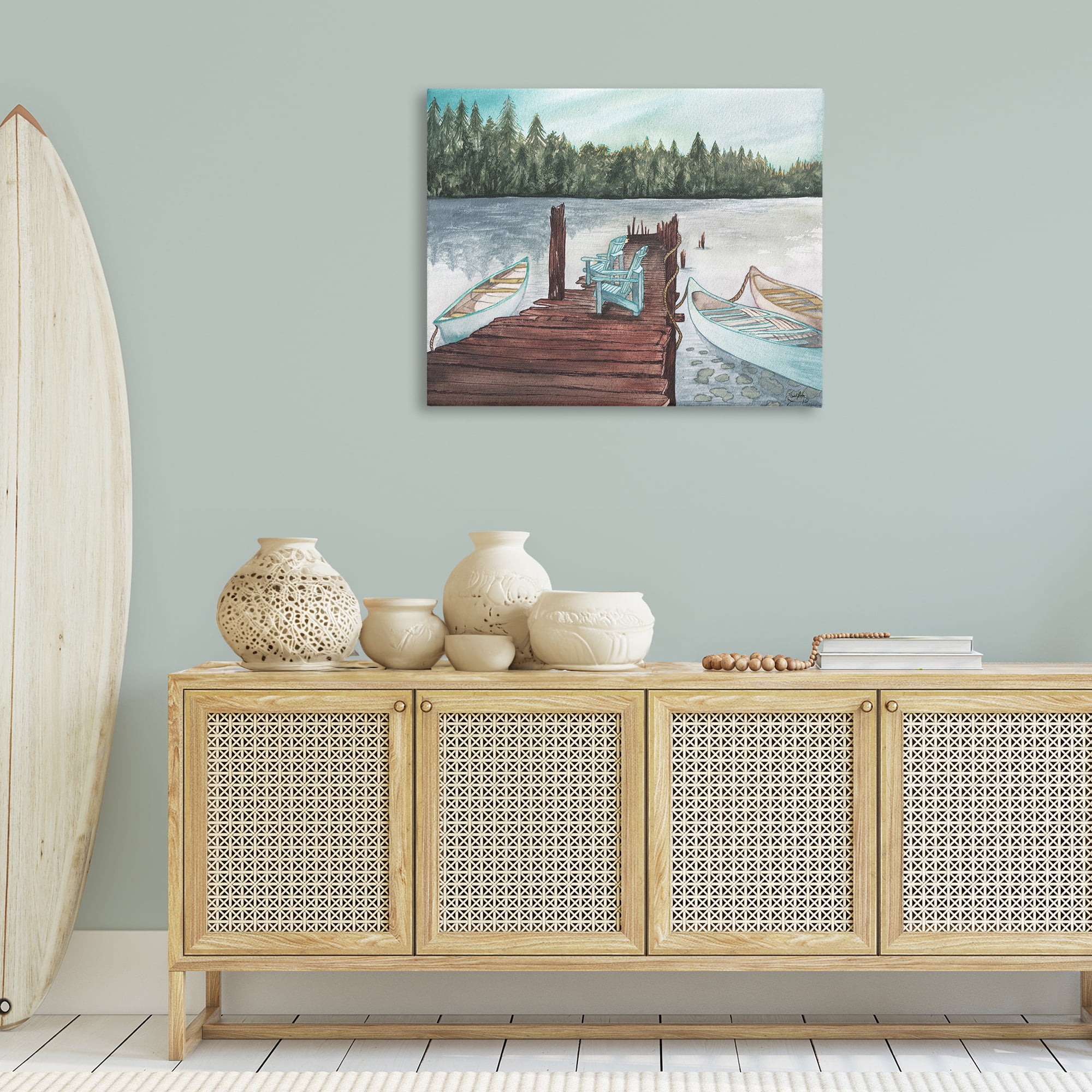 Stupell Industries Canoes at Lake Dock Landscape Painting Gallery Wrapped Canvas Art Print Wall Art, 40 x 30