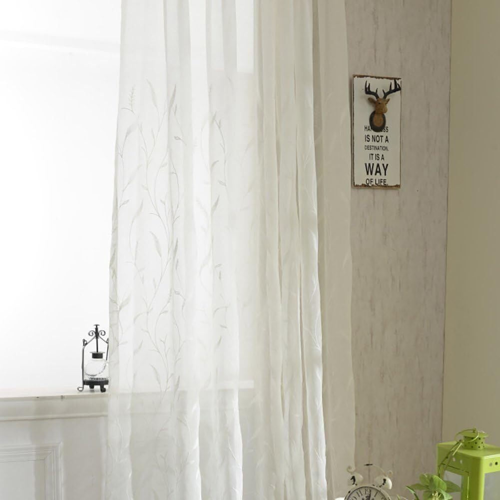 VOGOL Rod Pocket White Embroidered Sheer Curtains, Breathable Voile Drapes Window Treatment for Bedroom Living Room, 52W x 63L inches