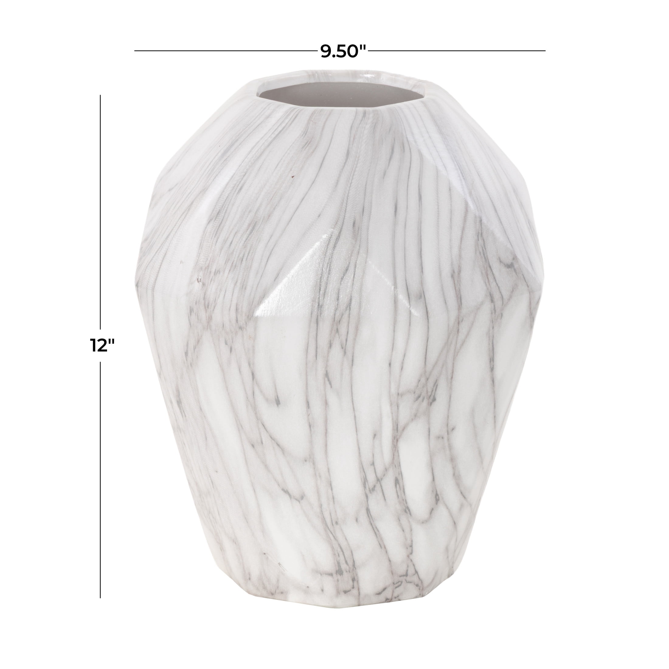 DecMode 12" Faux Marble White Ceramic Vase