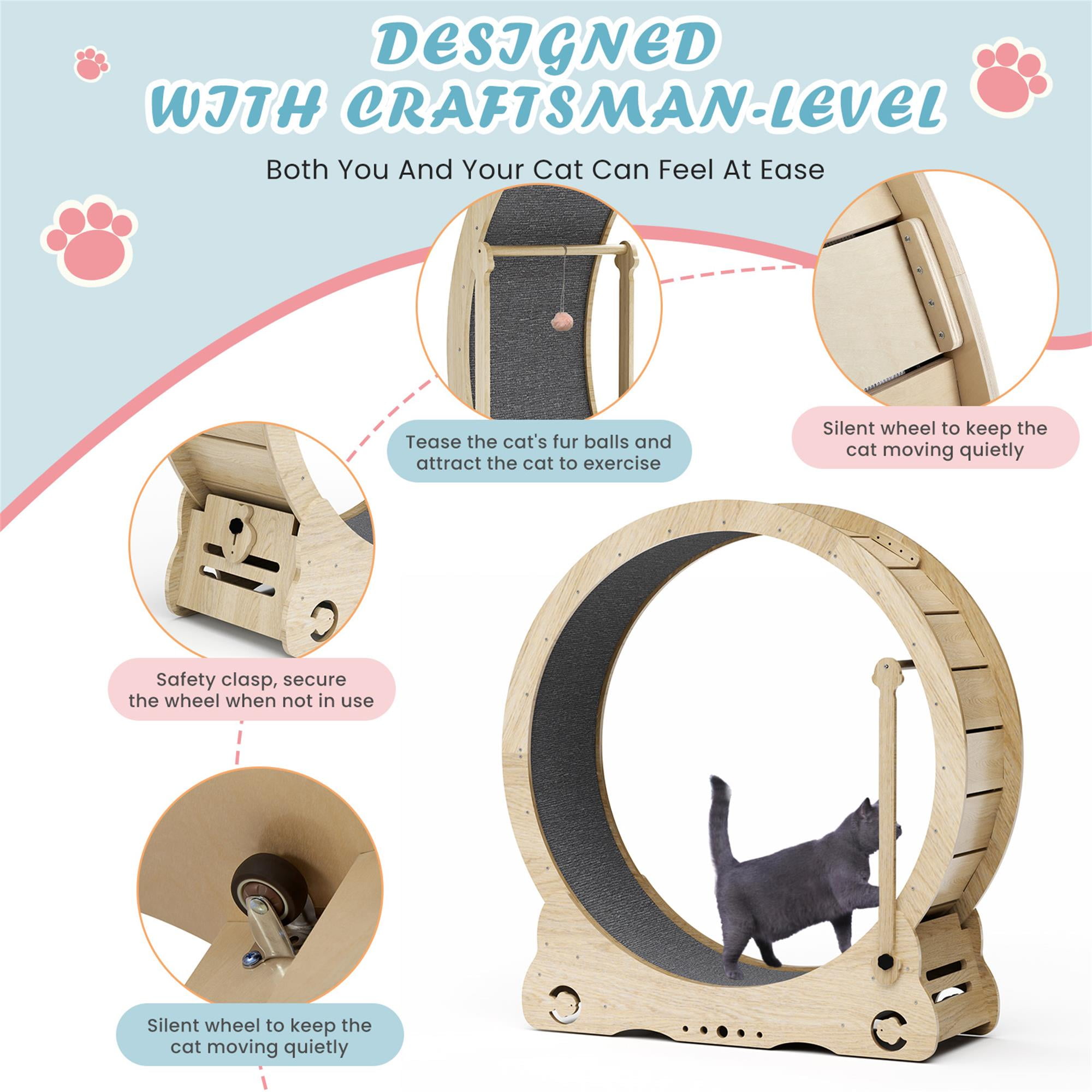 resenkos 41" Cat Exercise Wheel for Indoor Cat, Large Cat Running Wheel with Carpeted Runway, Cat Treadmill Wheel with Teaser Equipment, Beige