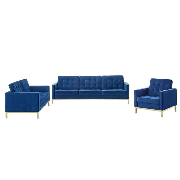 Armchair and Loveseat Sofa Set, Velvet, Steel, Gold Blue Navy, Modern Contemporary Urban Design, Living Lounge Room Hotel Lobby Hospitality