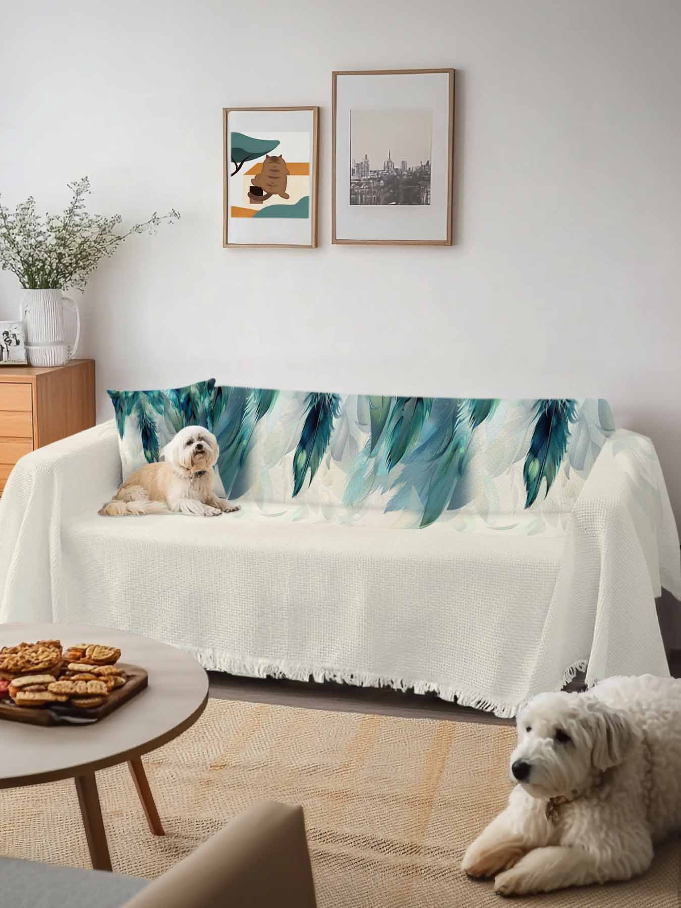 Teal Feather Couch Cover, Farmhouse Feather Art Teal Ombre Sofa Cover Blanket for Loveseat Couches, Sectional Sofa Slipcover Furniture Protector for Living Room Bedroom 71''x118''