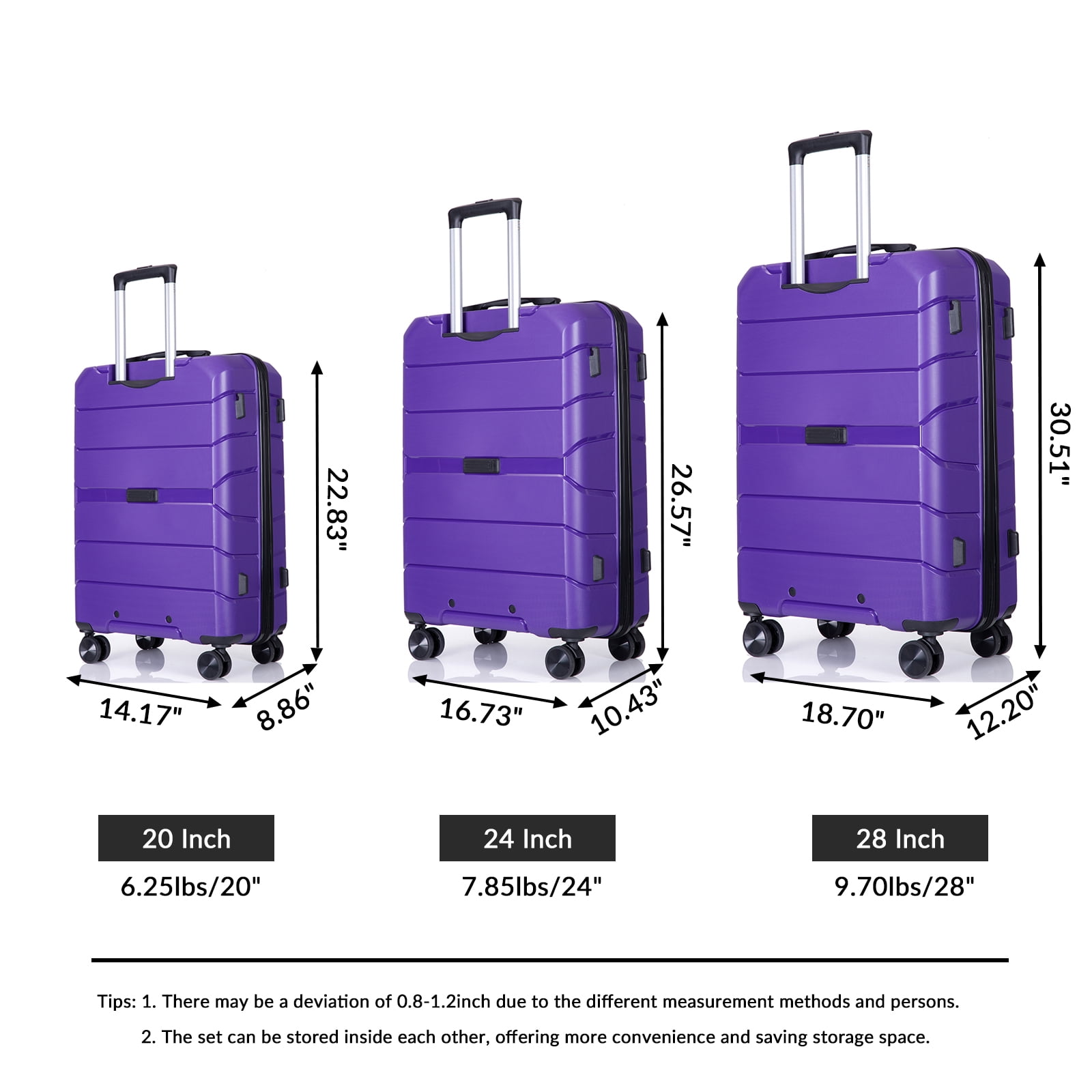 Aukfa Hardshell Suitcase Spinner Wheels PP Luggage Sets with TSA Lock - 3-Piece Set (20/24/28) - Purple