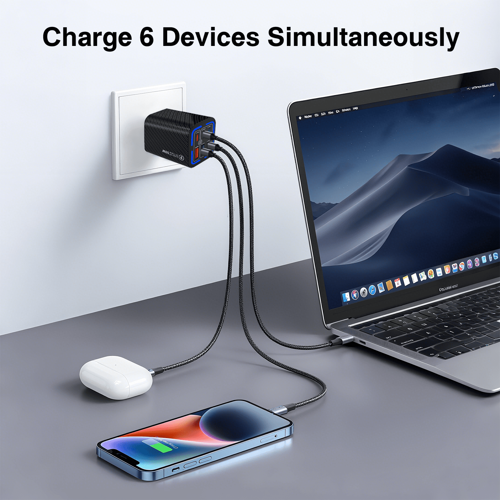 FOBIANJIE-50W USB-C and USB-A wall charger, Type-C charger, six-port cube design power adapter, multi-port plug, white/black/yellow – compatible with iPhone, iPad, AirPods, Samsung Galaxy, Note, Pixe