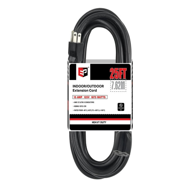 Cable de extensión para exteriores EP, 25 pies, 12/3, SJTW, 15 A, 125 V, certificado UL