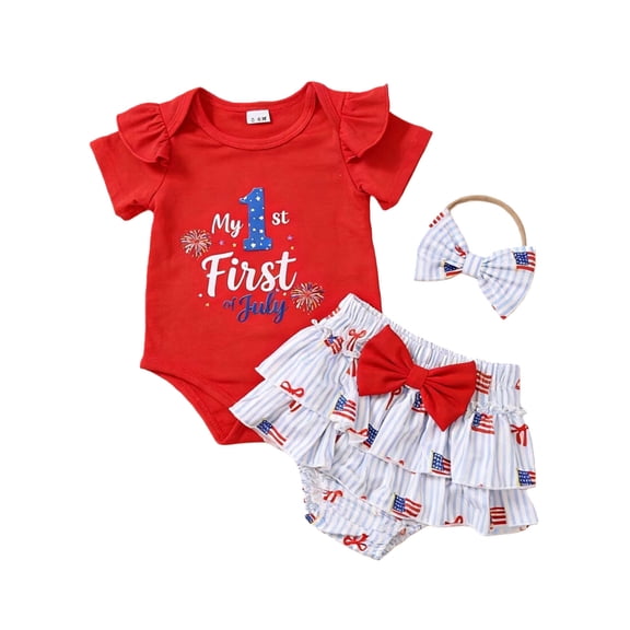 Lullu Baby Girls 4th of July Outfits Short Sleeve Romper Shorts Headband 3Pcs Set