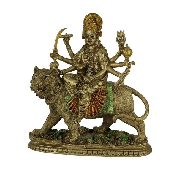 Zeckos Durga Supreme Hindu Goddess Riding On Tiger Resin Statue 9.5 inch