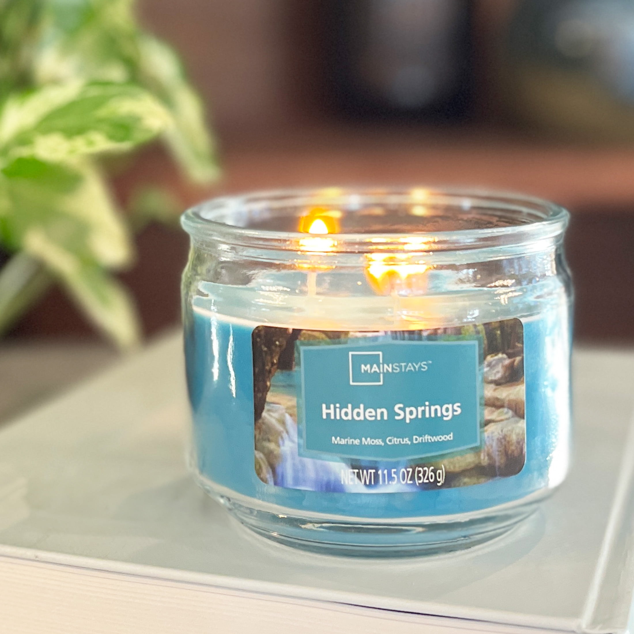 Mainstays 3-Wick Glass Jar Candle, Hidden Springs, Blue, 11.5 oz