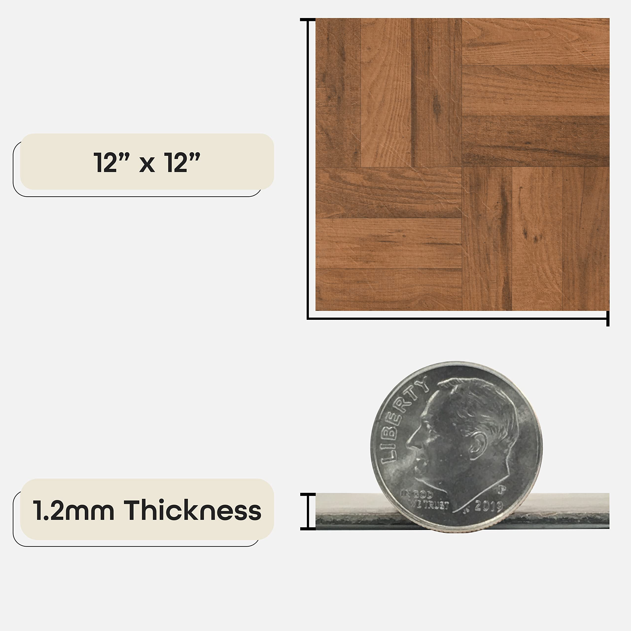Nexus Self Adhesive 12-inch Vinyl Floor Tiles  20 - 12" X 3 Finger Medium Oak Parquet Pattern Peel & Stick Diy Flooring For Kitchen Dining Room Bedrooms Bathrooms By Home Decor