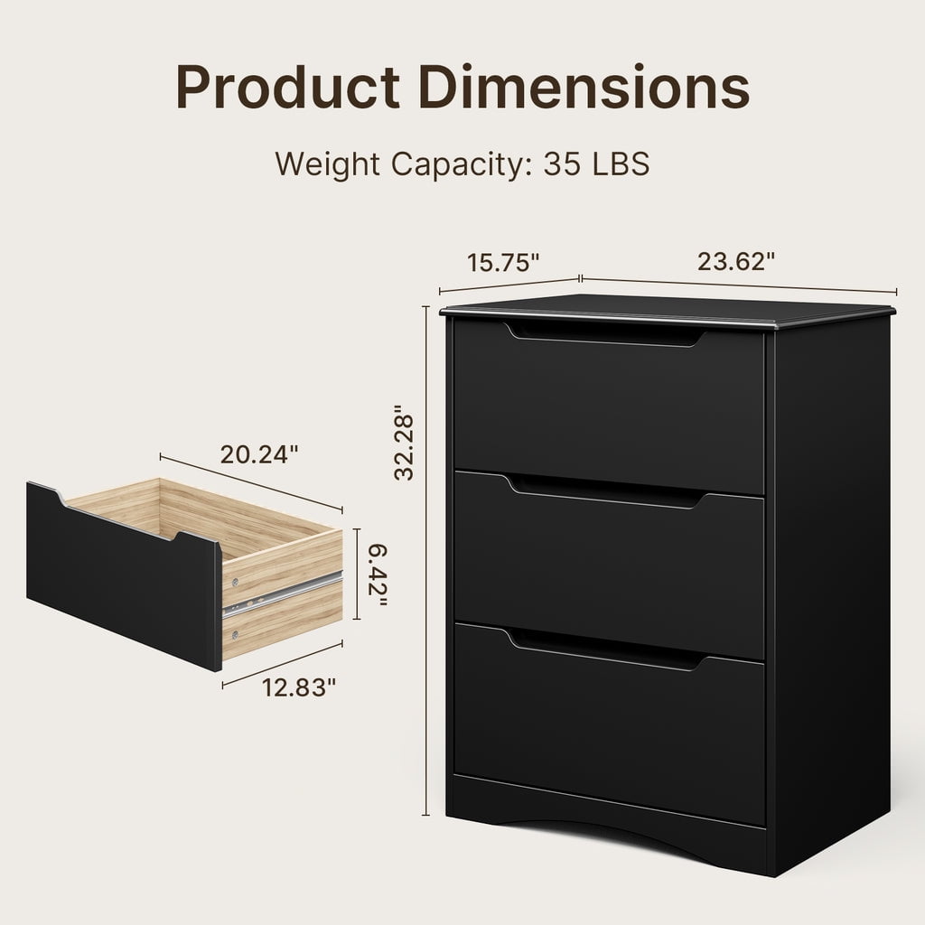 Aiho Dresser with 3 Drawers, Wood Tall Chest, Built-in Handle Drawers for Bedroom, Home, Living Room, Hallway - Black