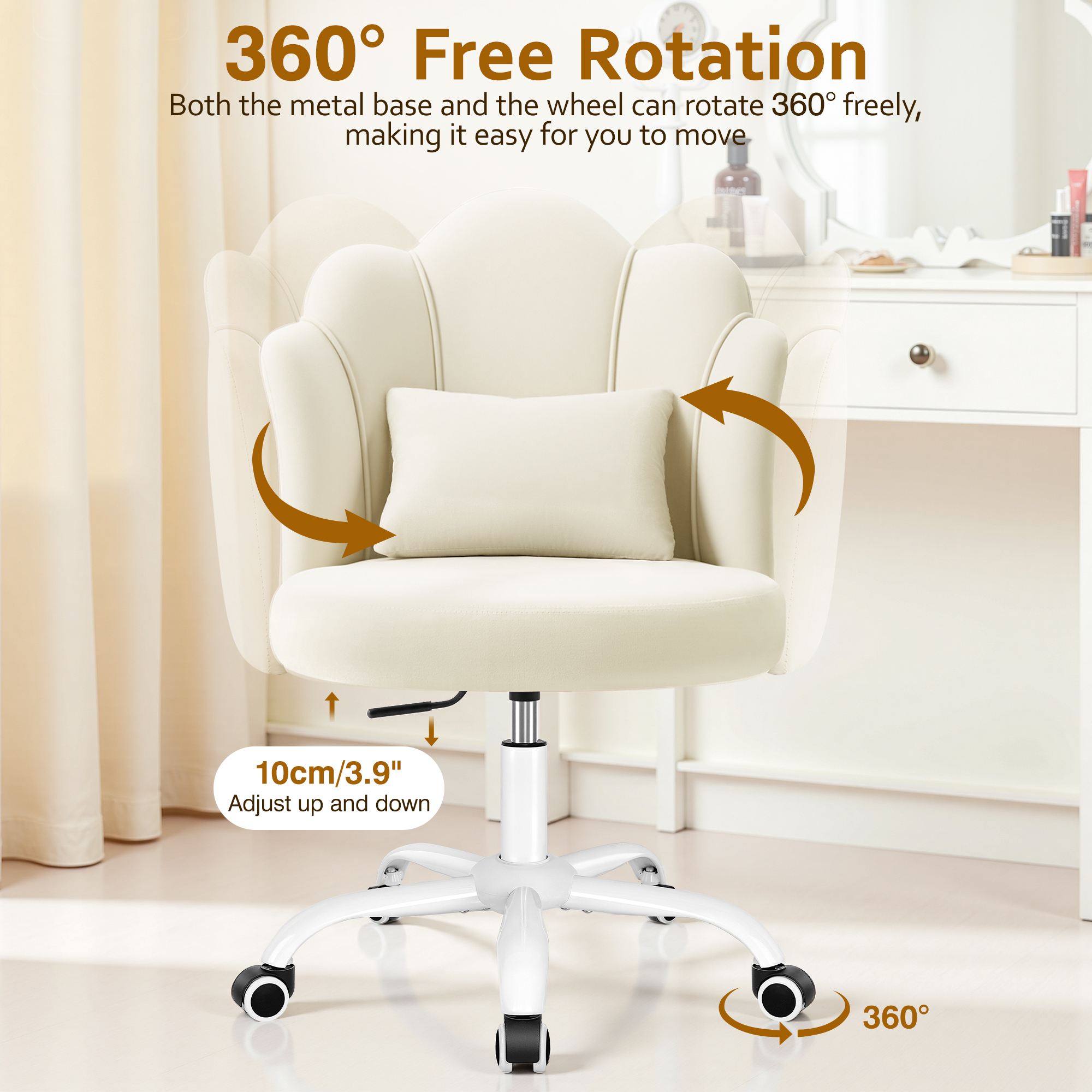 COOLHUT Vanity Chair, Velvet Petal Vanity Makeup Chair with Lumber Support, Home Office Desk Chair with Wheels, Height Adjustable Computer Work Chair for Bedroom, Living Room, Beige