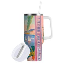 Yayeee 40oz Double-Wall Insulated Stainless Steel Tumbler with Handle Bottle, Pink Seaside Boat
