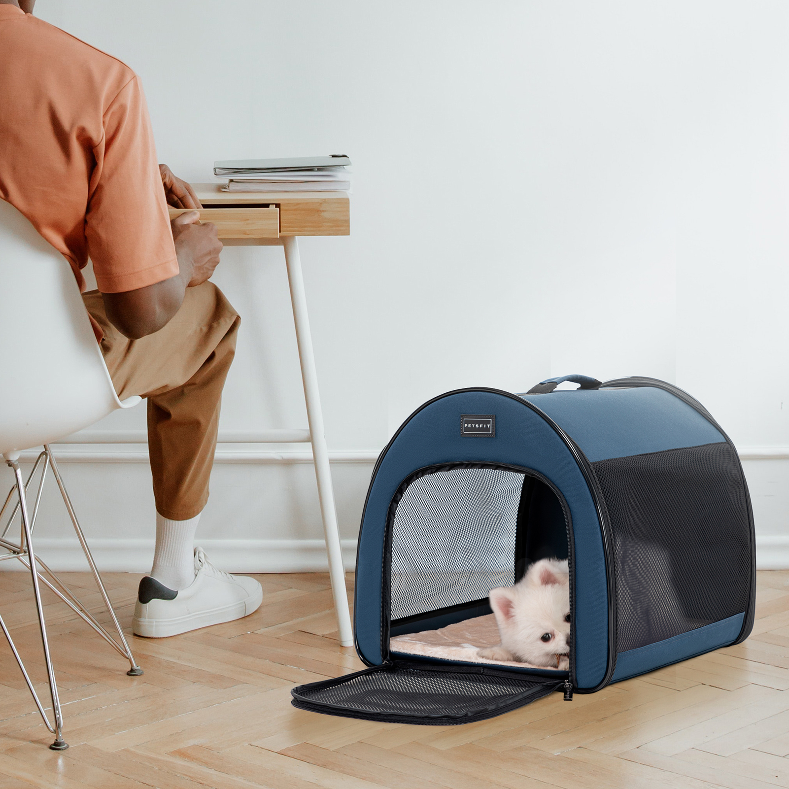 PETSFIT Soft Sided Dog Crate, Travel Dog Crate - 19 Inch Lightweight, Roomy, Easy to Set Up, Portable Pop Up Dog Carrier with Thick Mat, Sturdy Portable Dog Crate，Navy Blue，Small