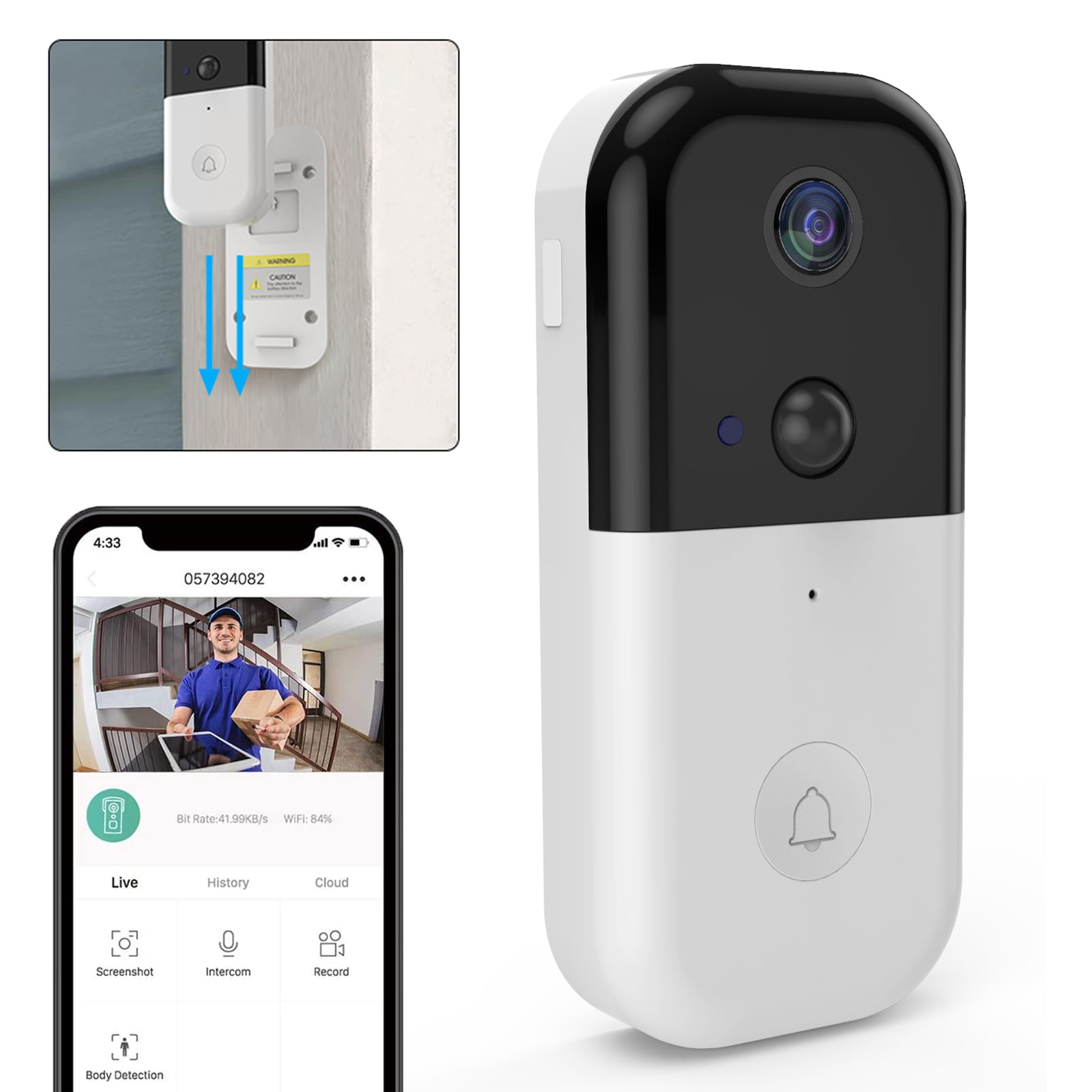 WiFi Smart Security Doorbell Black Wireless Video Doorbell Read Data On Phone,1080P IR Night Vision Camera