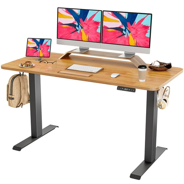 FEZIBO Dual Motor Adjustable Height Electric Standing Desk with Splice Tabletop, Rubberwood