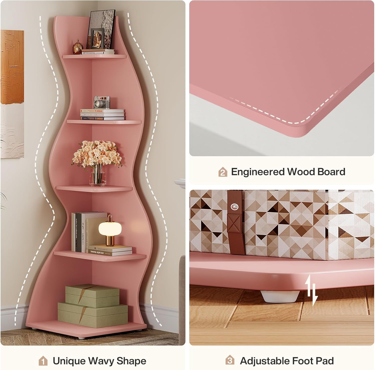 Tribesigns Modern Corner Shelf, 5-Tier Corner Bookshelf WavyBookcase for Small Space, Living Room (Pink)