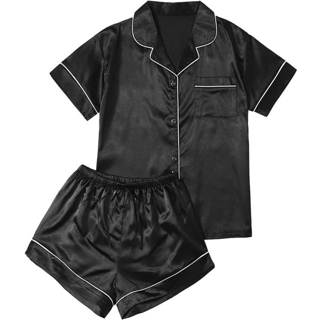 Ensemble de Pyjama 2 Pcs en Satin pour Femmes, Bouton avant, Manches Courtes