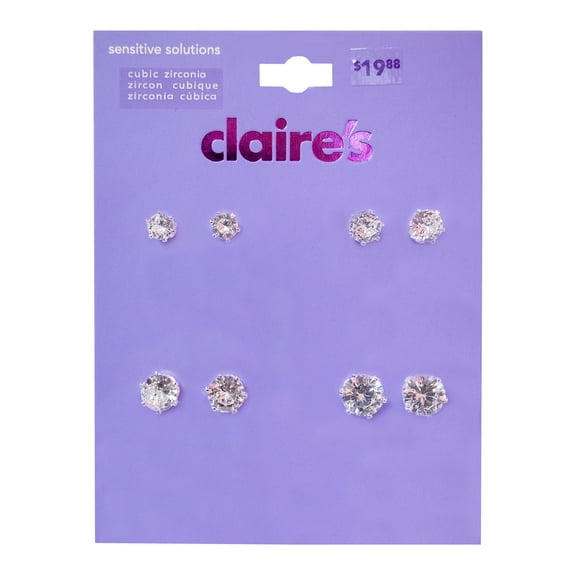 Claire's Girls Silver Graduated Round Cubic Zirconia Stud Earrings Set, Post Back, 4-Pack, 74008