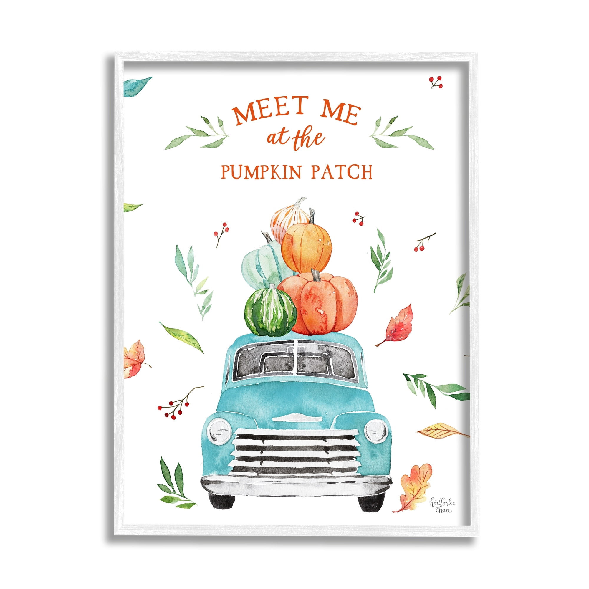 Stupell Industries Pumpkin Patch Seasonal Leaves Botanicals Blue Truck Graphic Art White Framed Art Print Wall Art, Design by Heatherlee Chan