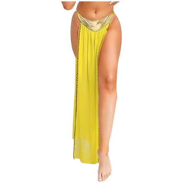 Sxiwei Women's Egyptian Cosplay Maxi Skirt with High Split Cut for Halloween and Rave Parties Yellow L