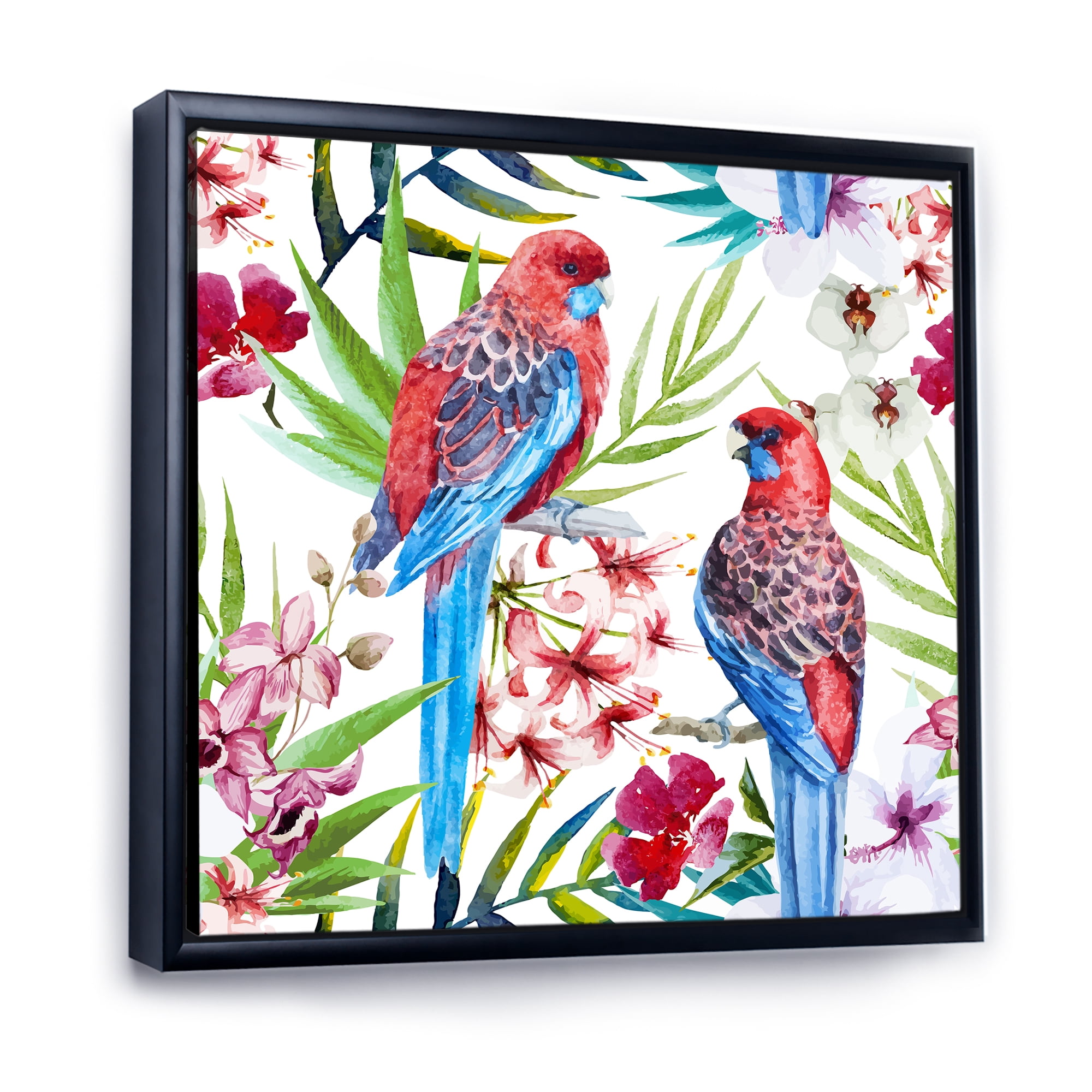 Rosella Birds Sitting On Flowers Tree Branch 36 in x 36 in Framed Painting Canvas Art Print, by Designart