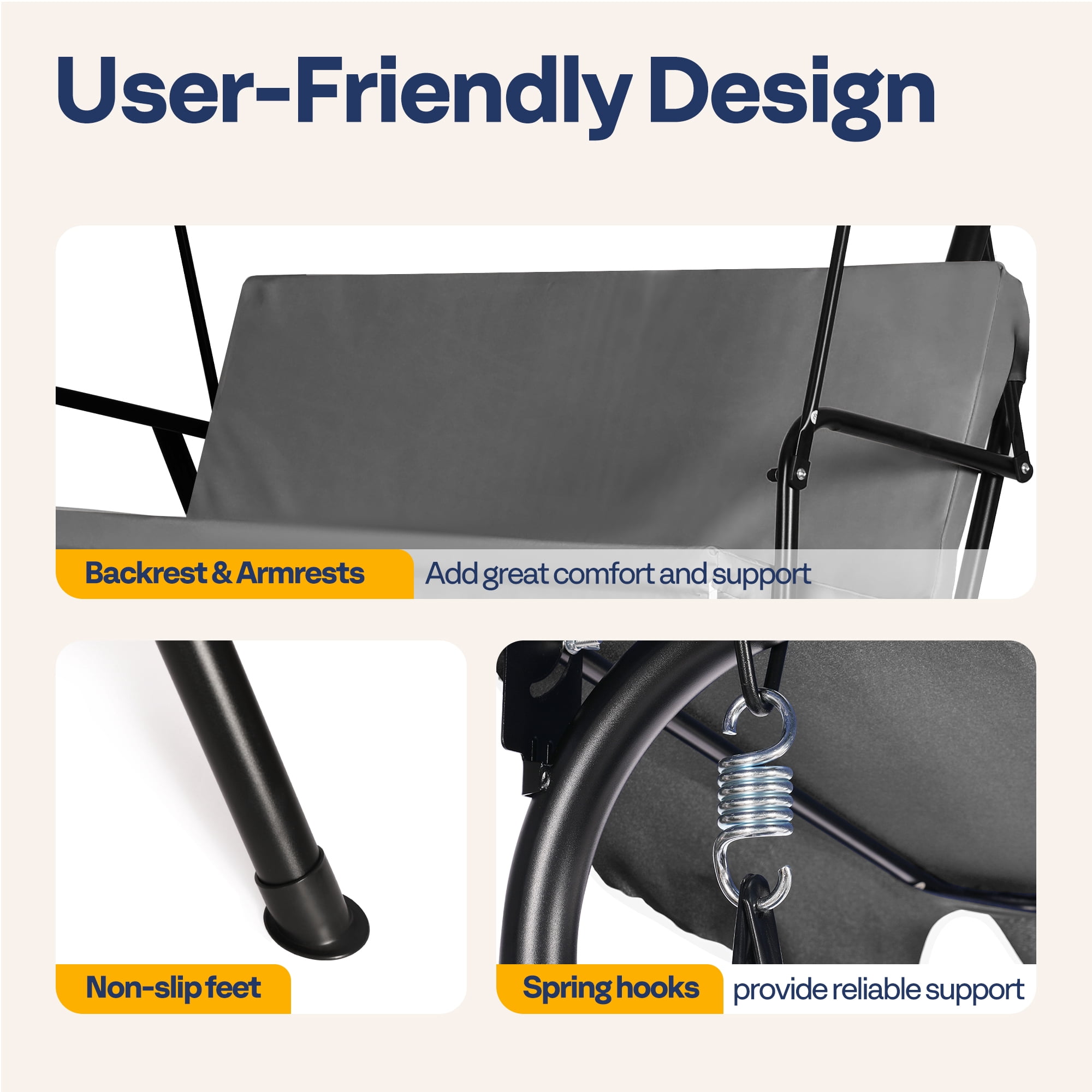 VIVOHOME 3-Seat Swing Glider Chair with Removable Cushion & Canopy, Steel Frame Stand, Gray