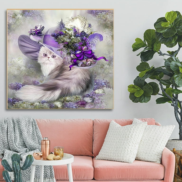 5D DIY Purple Hat Cat Diamond Art Canvas Embroidery Decorative Painting 