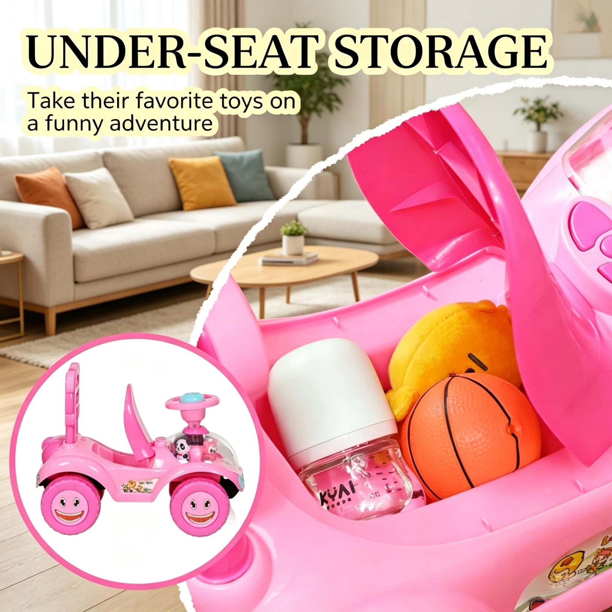Kids Pink Foot-to-Floor Push Car, Horn, Light & Music, Anti-Tip Backwards Device, Underseat Storage for Toddlers
