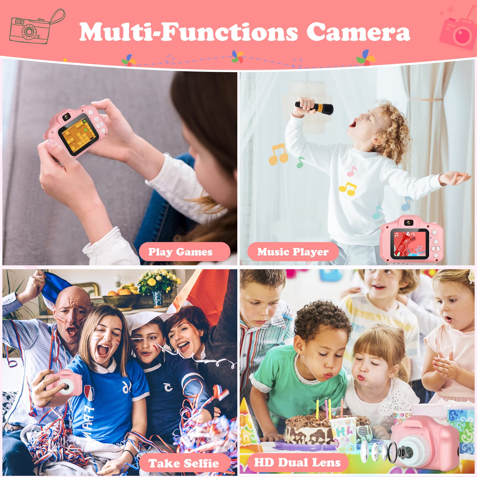 Sanmadrola Kids Camera, Dual Selfie, 20MP, 1080p, Pink, 32GB photo 3