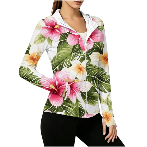 Uaswgudfs Women's UPF 50 Sun Protection Hoodie Zip-Up Rash Guard with Thumbholes Tropical Floral Print for Beach Vacation Swimming