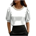 thumbnail image 2 of AUNVITO Women's Summer Casual Short Sleeve Top Round Neck with Pearl Accents Professional Style, 2 of 5