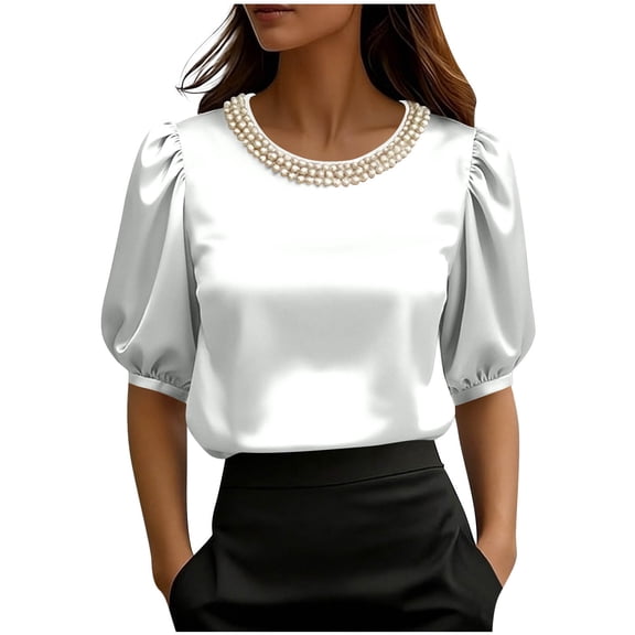 XuJwPNcy Womens Round Neck Silk Satin Tops Dressy Half Sleeve Work Blouses Spring Summer Loose T Shirts Business Outfit