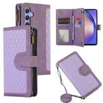 ELEHOLD Wallet Case for Samsung Galaxy A14 5G,Premium Leather Argyle Pattern 9 Card Slots Zipper Pocket Kickstand Crossbody Shoulder Strap Wriststrap Luxury Purse Case for Samsung A14 5G,Purple